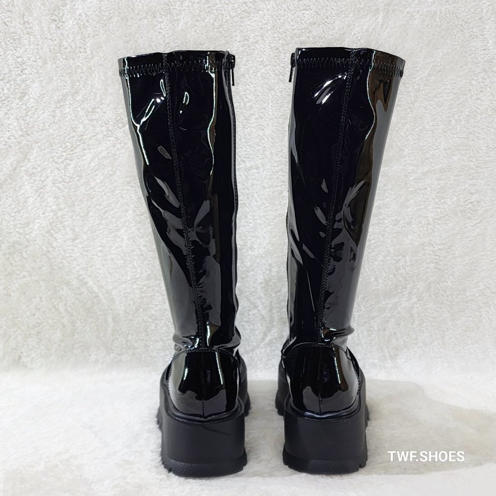 Demonia Shiny Black Tall Platform Boots - Picture 6 of 10